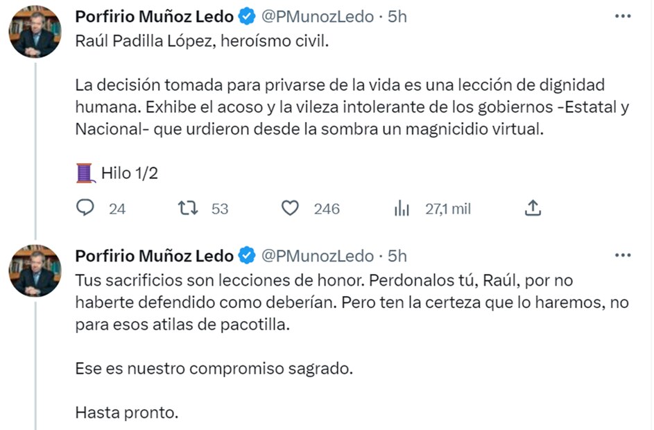 Tuits de Porfirio Múñoz Ledo sobre suicidio de Raúl Padila. Foto: Twitter