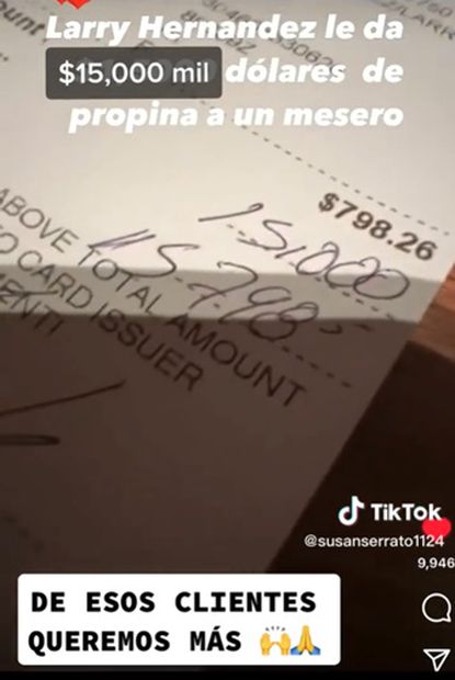 El intérprete mostró la cuenta a la cámara, donde se ven los 15 mil dólares de propina que dio a uno de los meseros, Foto. Instagram