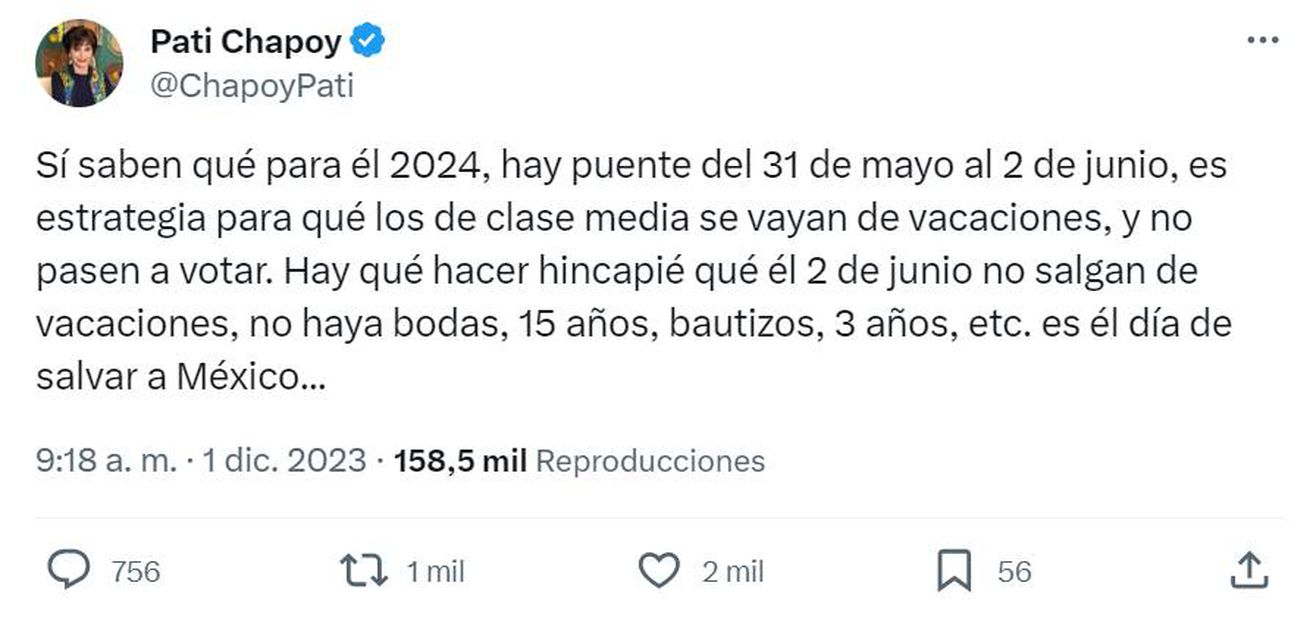 7MZ6YZR66JDBLDU2LSAGACUH34 - Critican a Pati Chapoy por pedir "no salir de vacaciones y salvar a México"