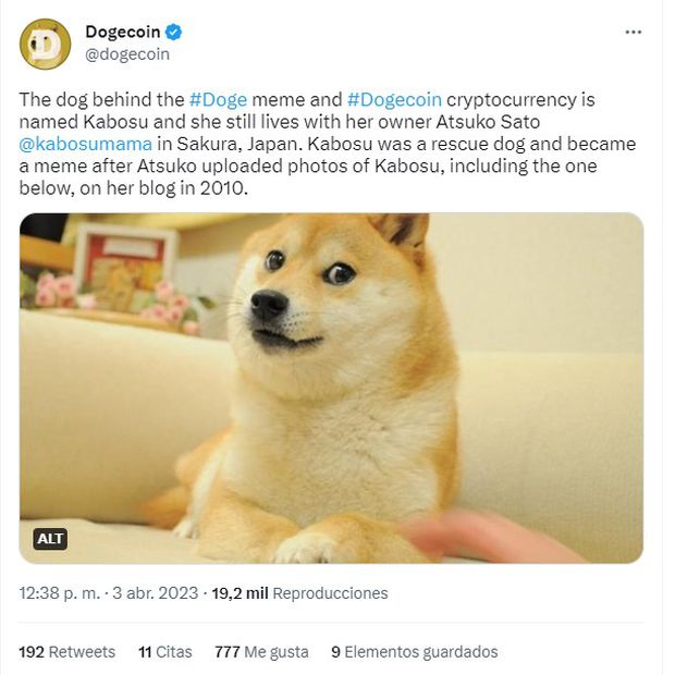 La cuenta oficial de Dogecoin compartió el significado del nuevo icono de Twitter. Foto: Captura de pantalla tomada de Twitter