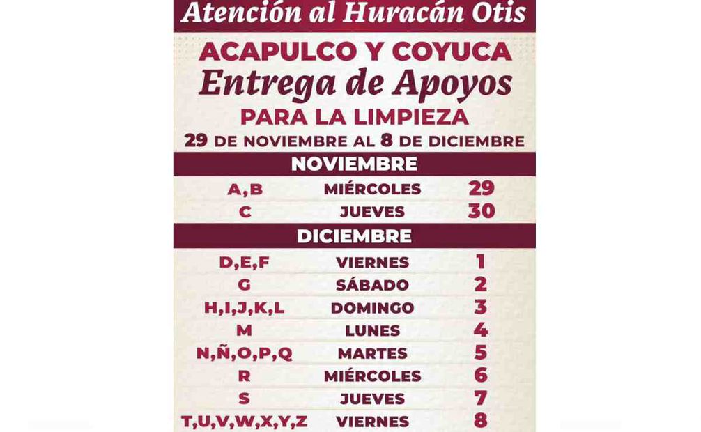 Calendario de entrega de apoyos para la limpieza en Acapulco. Foto: Especial