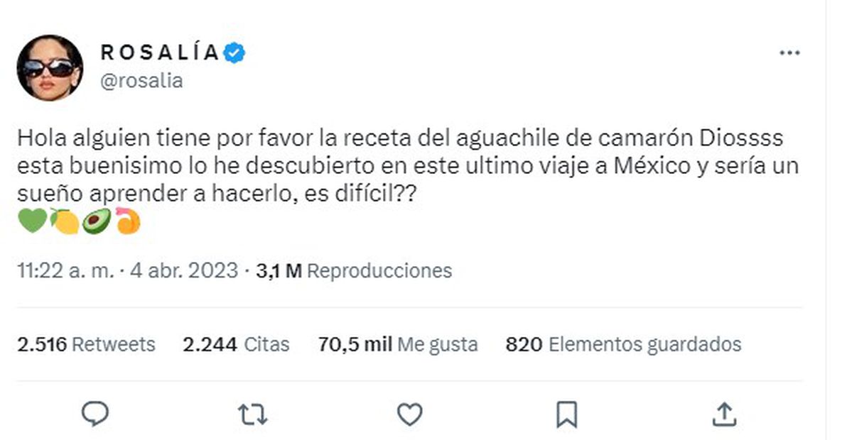 La cantante española pidió la receta del aguachile en Twitter. / Foto: Captura de pantalla tomada de Twitter