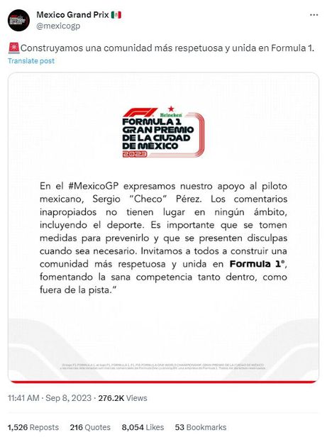 Tweet del Gran Premio de México - Foto: @mexicogp en X