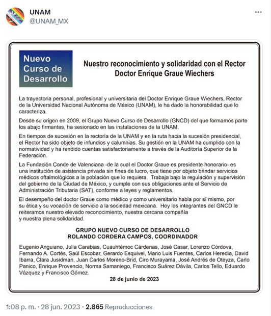 Carta de apoyo al rector Graue. Foto: captura de pantalla