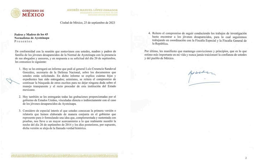 Gobierno de México difunde la carta de AMLO para los padres de los 43 normalistas. Foto: Especial