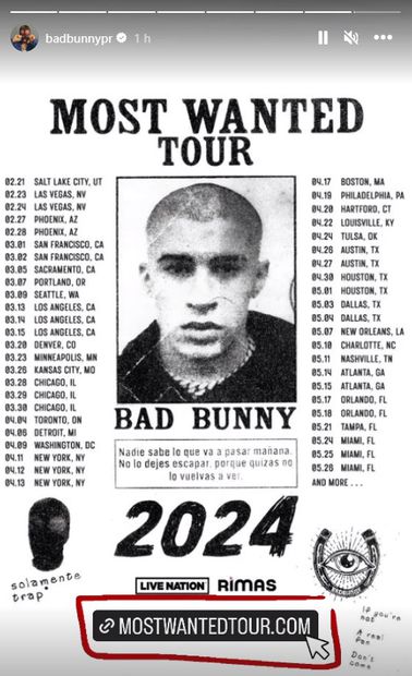 Cartel de fechas en Estados Unidos. Foto: Vía Instagram oficial de Bad Bunny.