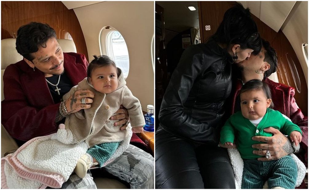 Christian Nodal y Cazzu con su hija Inti en avión privado. Foto: Instagram.