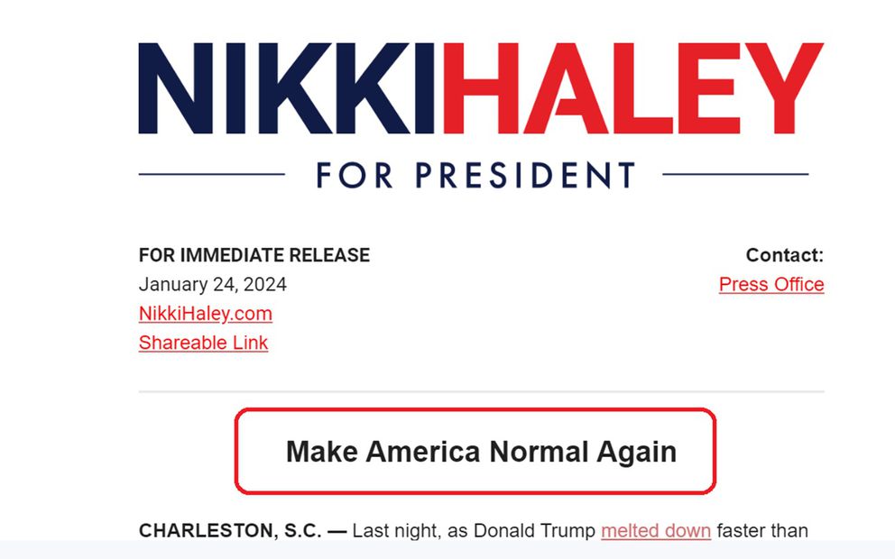 La campaña de Nikki Haley sacó un nuevo lema que se burla del movimiento MAGA de Donald Trump. Se llama MANA. FOTO: CAPTURA