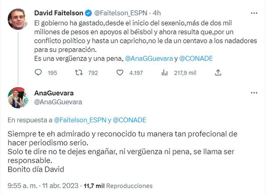Ana Gabriela Guevara respondió a David Faitelson en Twitter