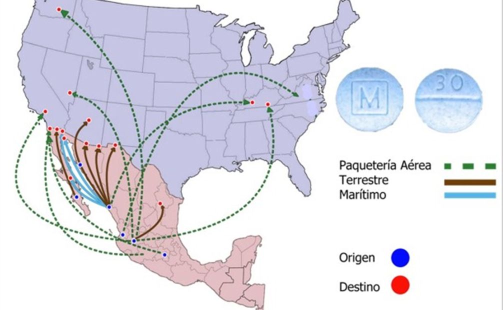 Flujo del fentanilo a través de México. Foto:  Informe Centro Investigación y análisis contra el narcotráfico marítimo
