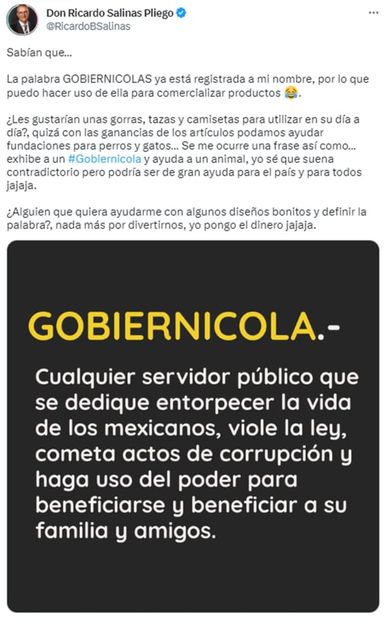 Salinas Pliego registra palabra "Gobiernicolas" a su nombre; prevé vender productos