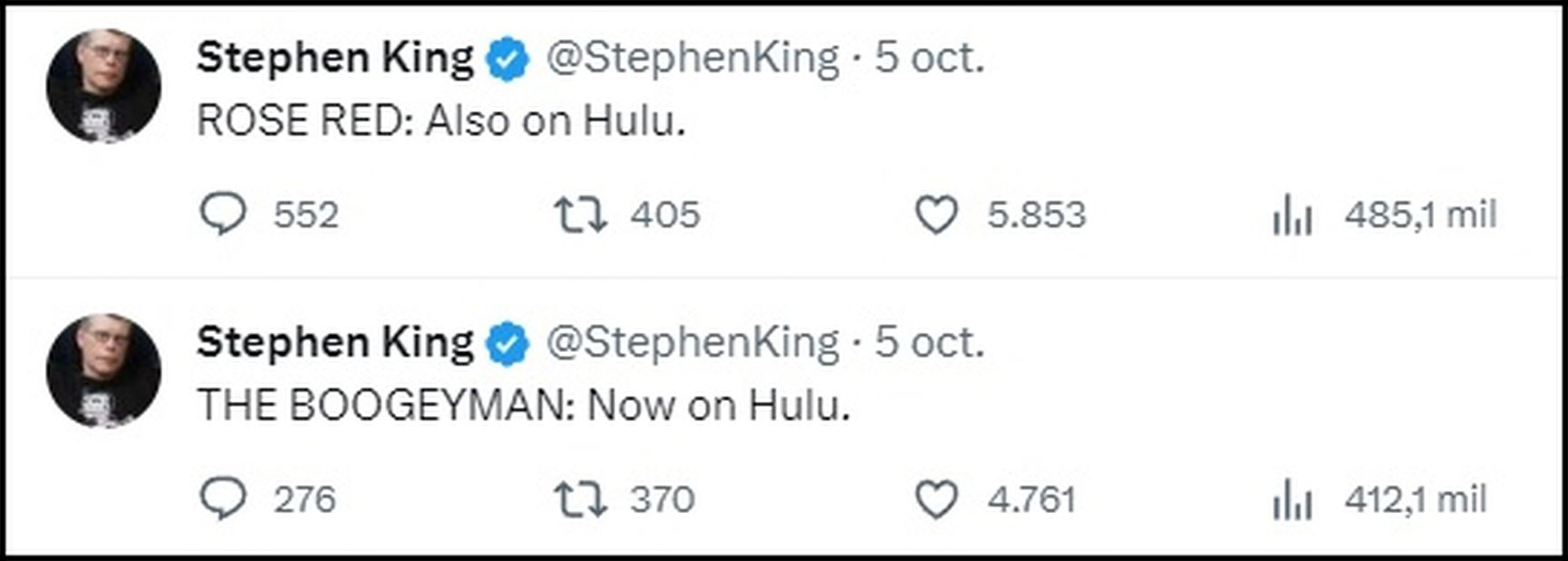 Tuit de Stephen King. Fuente: Twitter