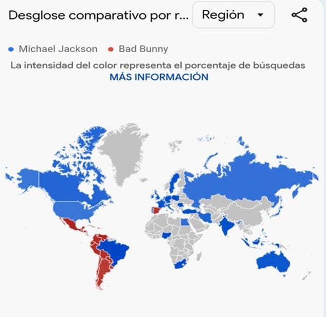 Búsquedas en google de Michael Jackson vs Bad Bunny. Captura.