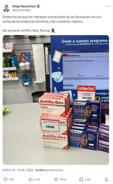 El usuario de "X" @d_ramonfaur, advirtió que no se debe comprar el medicamento Antiflu-Des y explicó sus razones. / Foto: captura de pantalla.