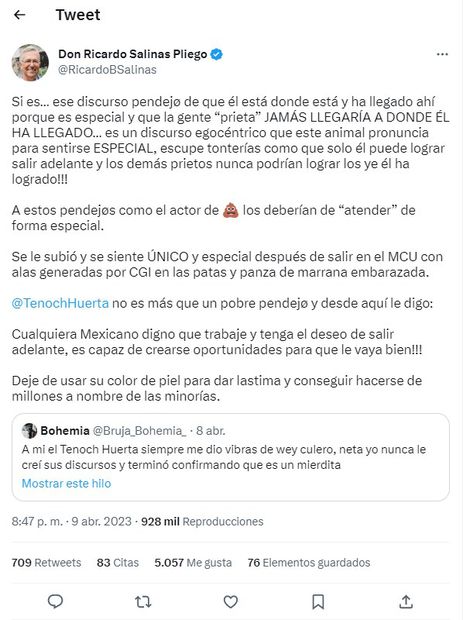 Ricardo Salinas Pliego mostró su descontento con Tenoch Huerta. Foto: Captura de pantalla tomada de Twitter