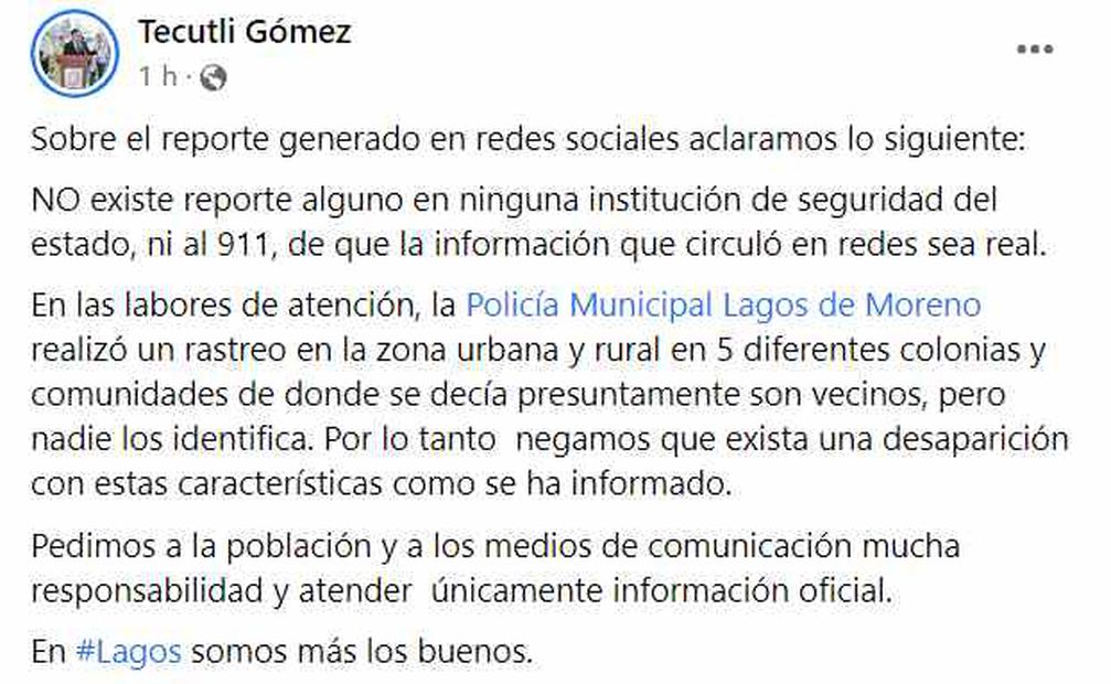 Publicación de Facebool del alcalde Tecutli Gómez de Lagos de Moreno. Foto: Capura de pantalla