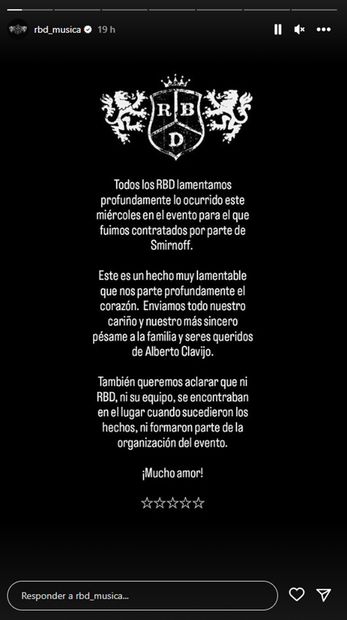 Comunicado de RBD acerca de la muerte de Alberto Clavijo.
<p>Foto: Instagram