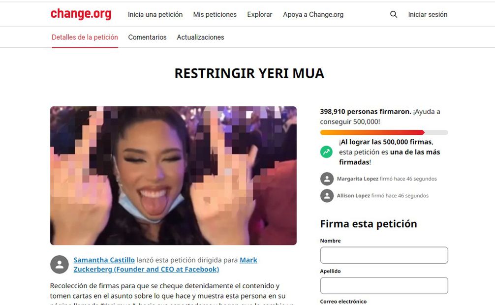 La petición para cancelar a Yeri Mua es una de las más firmadas en Change.org. Foto: Captura de pantalla tomada de Change.org