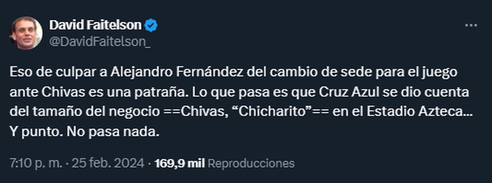 David Faitelson: Culpar a Alejandro Fernández del cambio sede del Cruz Azul vs Chivas es una patraña - Foto: Captura de pantalla (X)