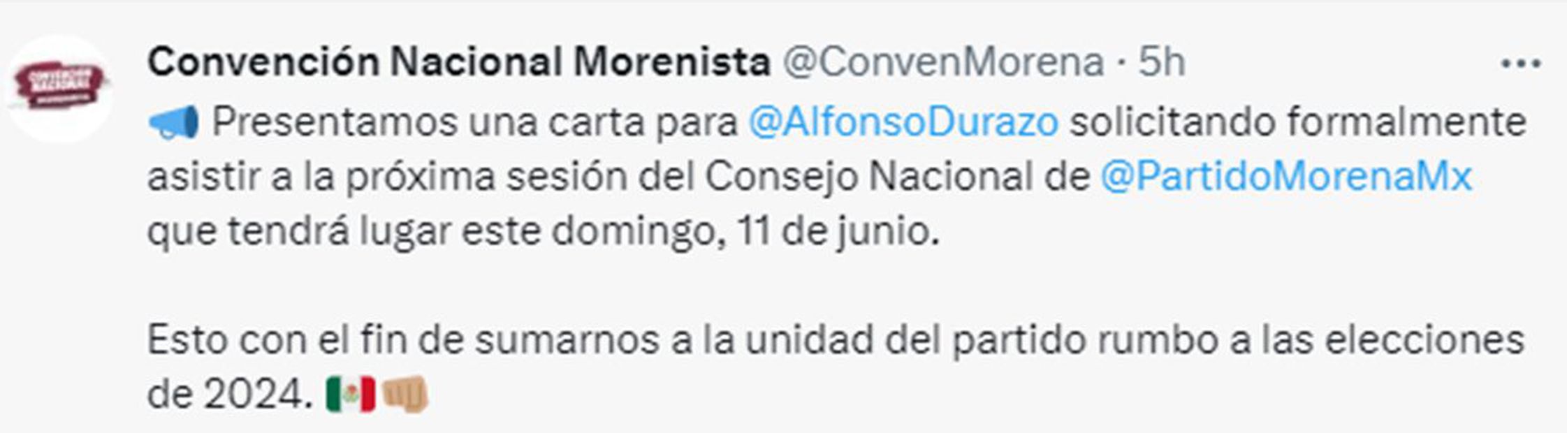 Tuit Convención Nacional Morenista Foto: Twitter @ConvenMorena