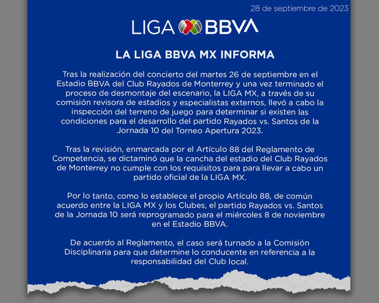 Comunicado de la Liga MX sobre el estado de la cancha del BBVA