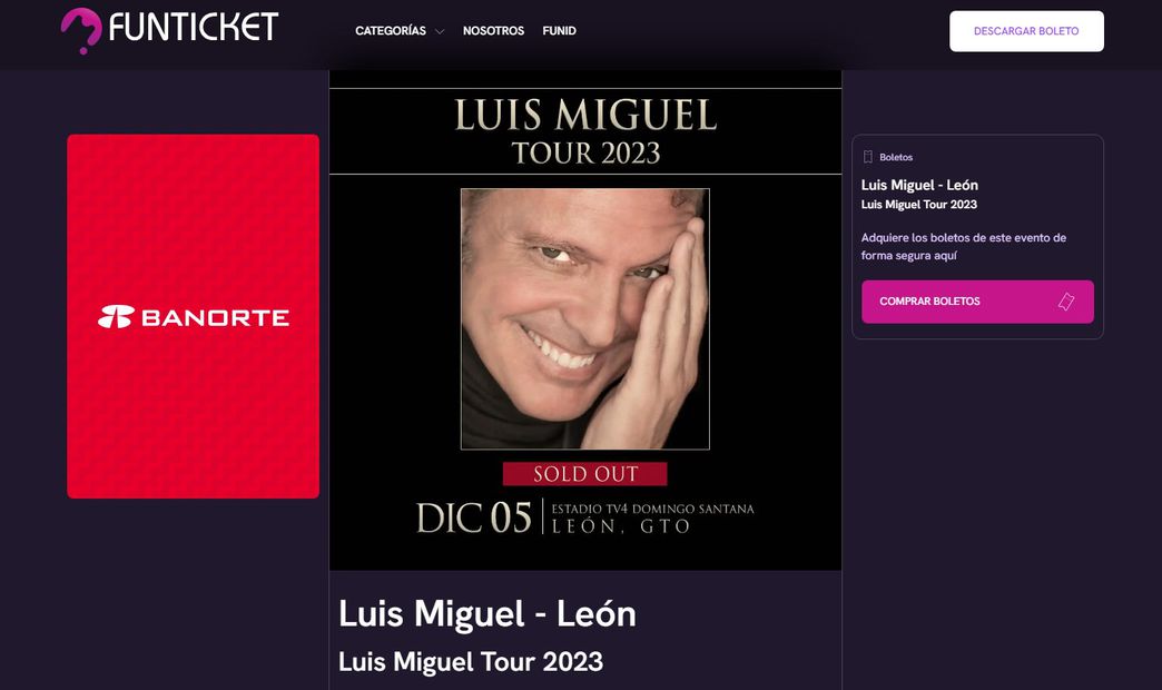 Página de venta de boletos de Luis Miguel en León. /Foto: Captura de pantalla.