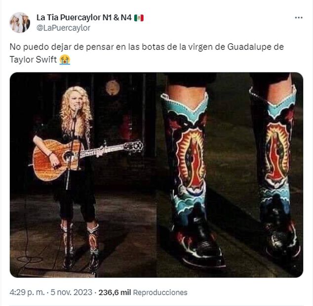 Taylor Swift con botas de la Virgen de Guadalupe. / Foto: @LaPuercaylor.