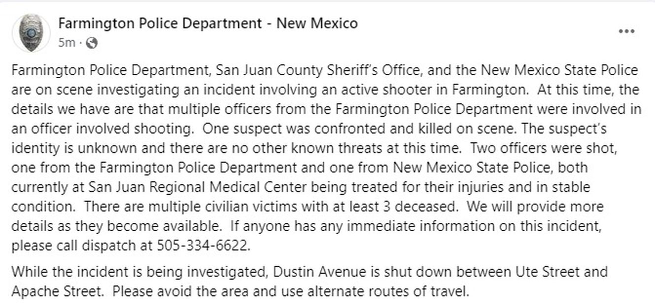 La policía de Farmington emitió un comunicado ante el registro de un ataque armado en Nuevo México. Foto: Captura de pantalla