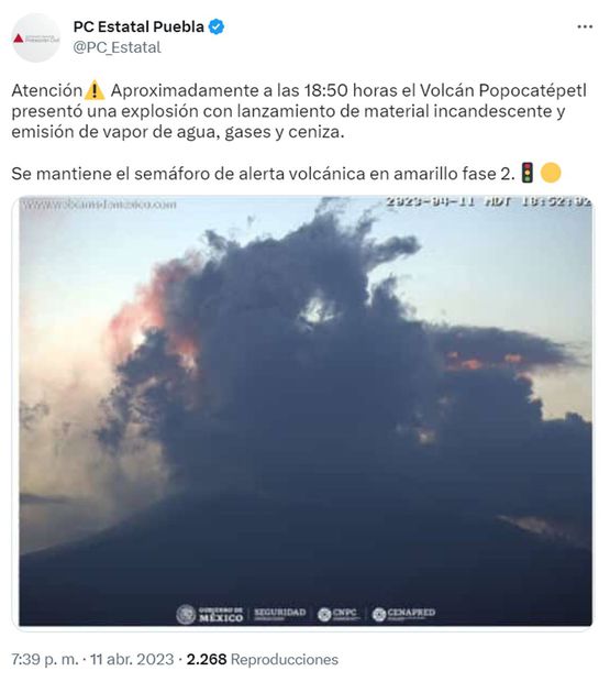 A cientos de personas ha impresionado el fuerte estruendo que emitió el volcán Popocatépetl este pasado martes 11 de abril. Foto: @PC_Estatal