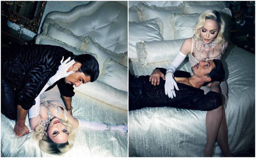 Madonna y Alberto Guerra posan en la cama. Fotos: @reeditionmag