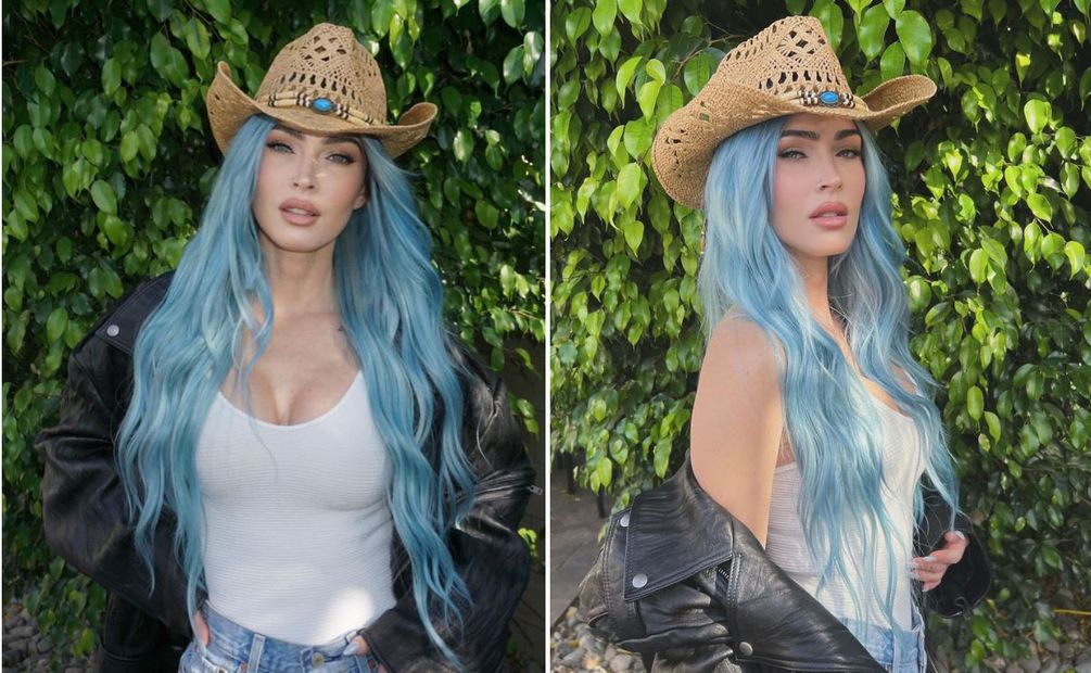 Megan Fox luce extensiones de cabello de color azul. Foto: Instagram @meganfox @andrewfitzsimons
