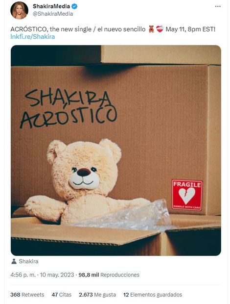 "Acróstico" de Shakira será un tema en solitario. Foto: Twitter