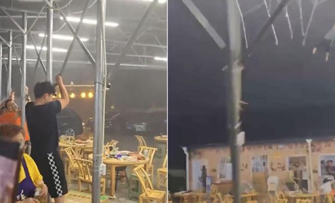 VIDEO: Fuerte viento levanta el techo de un restaurante con todo y trabajadores en China