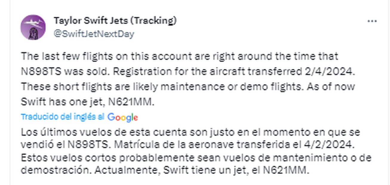 La cuenta se ha encargado de dar información sobre los vuelos de Swift. Foto: Captura de pantalla