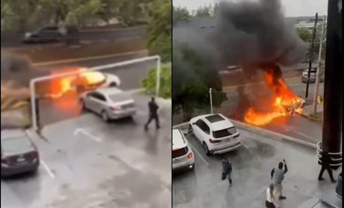 VIDEO: Sorprende auto en llamas circulando por avenida de Nuevo León