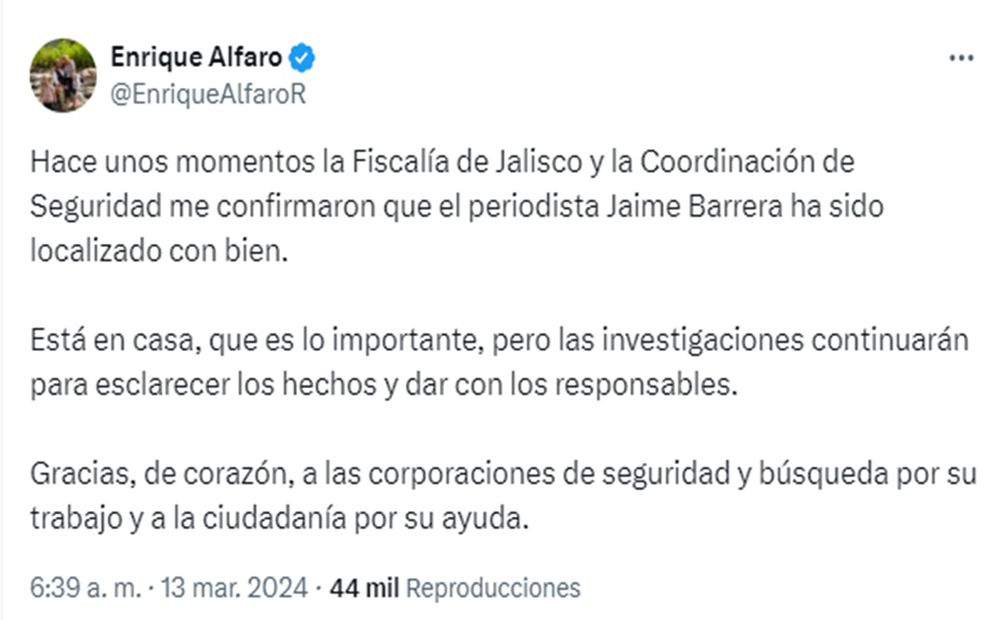 Declaración de Enrique Alfaro, tras la liberación del periodista Jaime Barrera. Foto: X