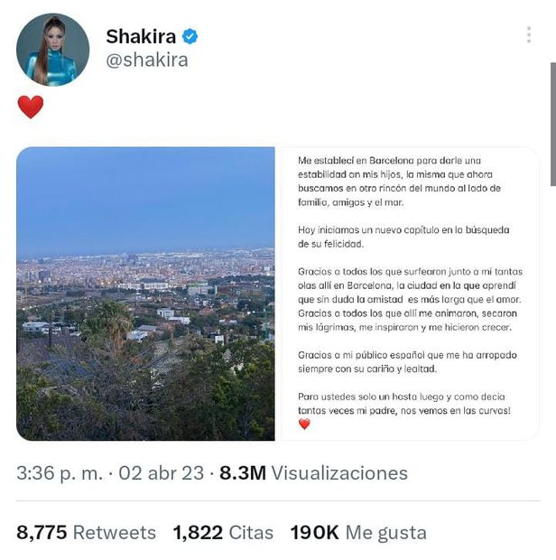 Shakira se dijo agradecida con la gente de Barcelona. Foto: Captura de pantalla tomada de Twitter