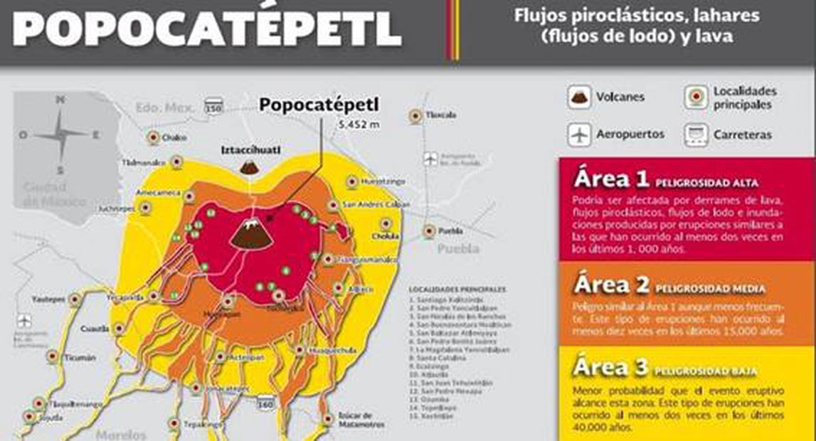 Este es el mapa de riesgo, lava y ceniza por el Popocatépetl