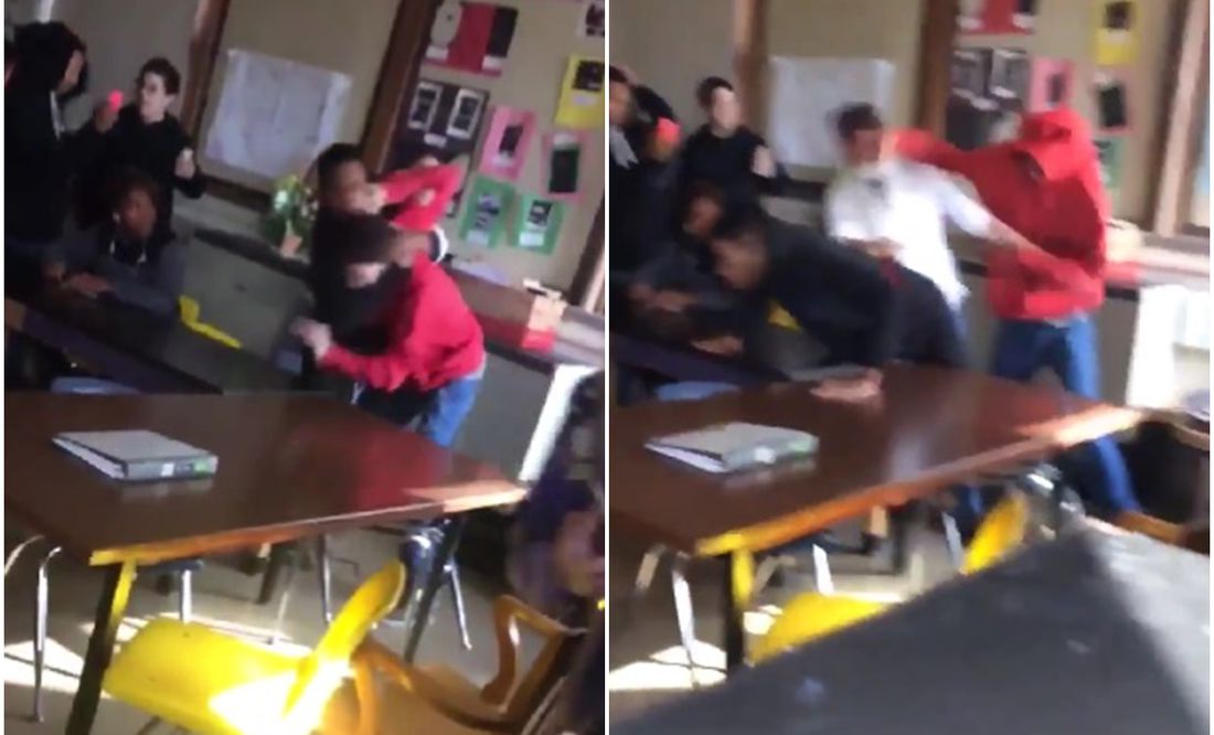 Estudiante defiende en plena pelea a su profesora tras ser golpeada por otro alumno y se hace viral