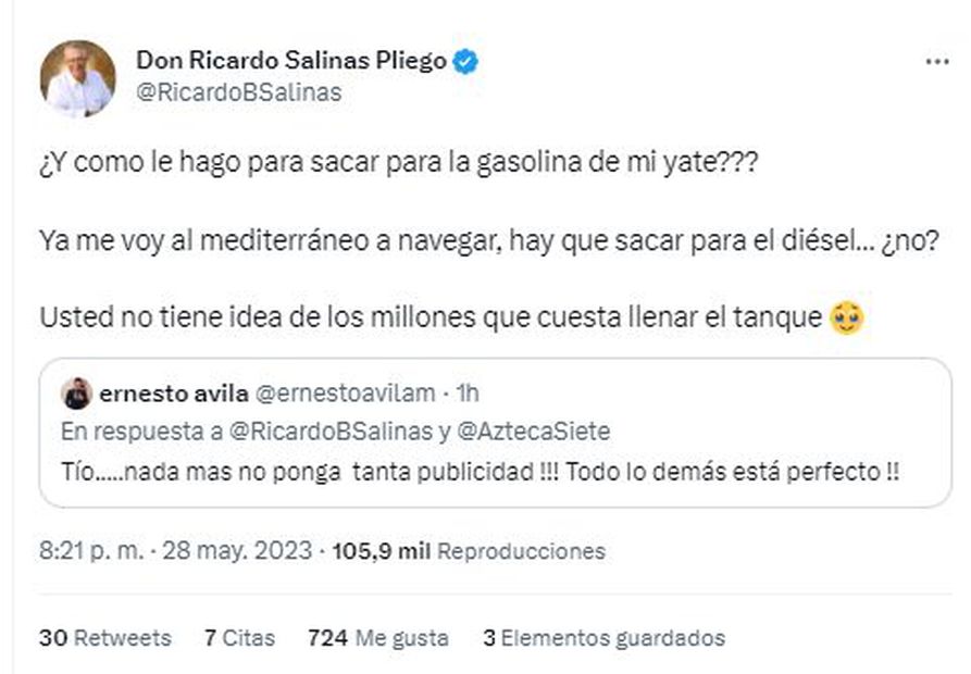 Ricardo Salinas Pliego se tomó el tiempo de contestar a quienes se quejaron de la publicidad durante el partido. / Foto: Twitter