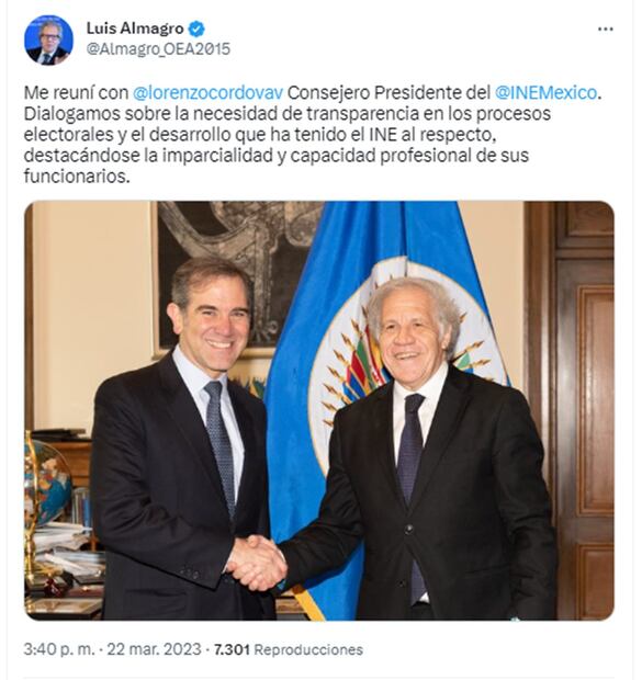 Captura tweet Luis Almagro en reunión con Lorenzo Córdova, consejero presidente del INE / Twitter: @Almagro_OEA2015