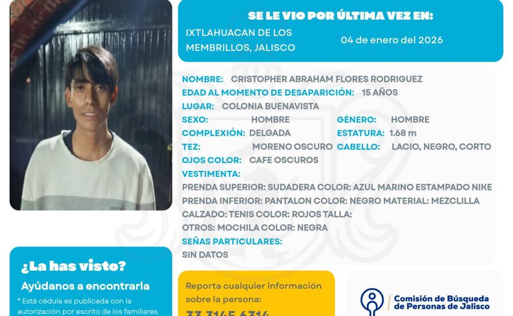 Ficha de búsqueda de Cristopher, desaparecido en Ixtlahuacán (06/01/2026). Foto: Especial