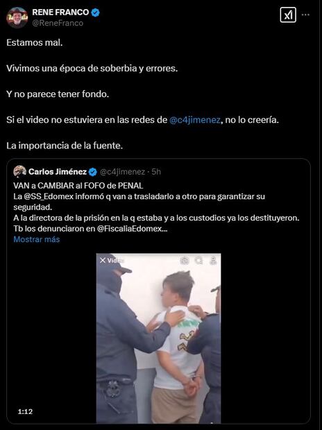 René Franco reacciona a agresión a “Fofo” Márquez en penal de Barrientos. Foto: Captura de pantalla