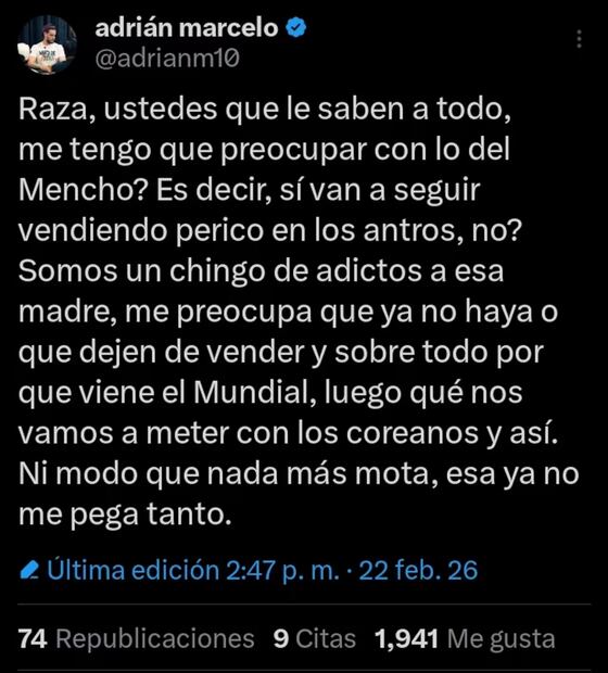 Tunden a Adrián Marcelo por burlarse de la muerte de “El Mencho”. Foto: Captura de pantalla