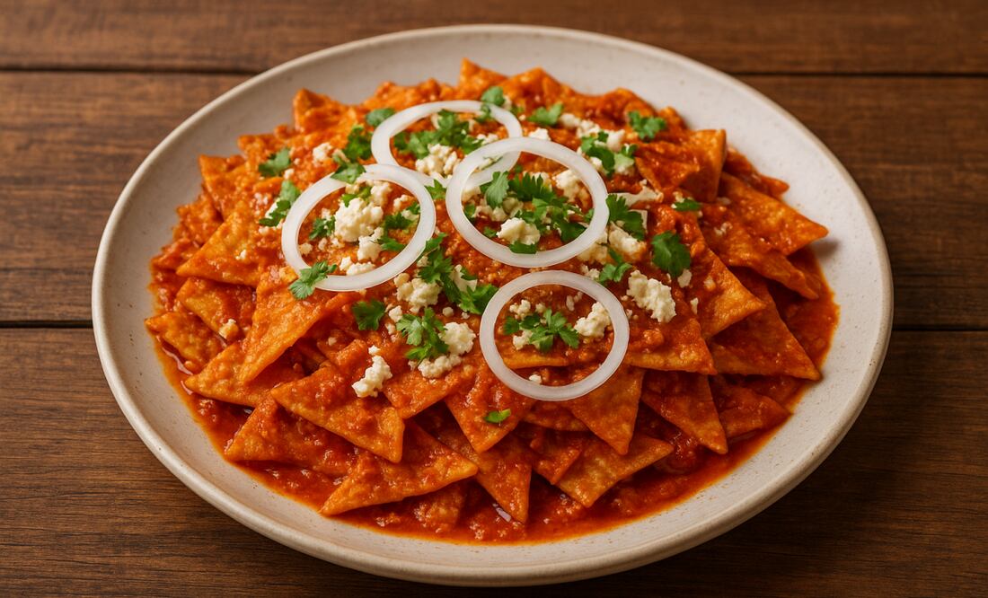 Los chilaquiles rellenos de Doña Ángela se sirven con queso y cebolla. Foto: Imagen generada con IA