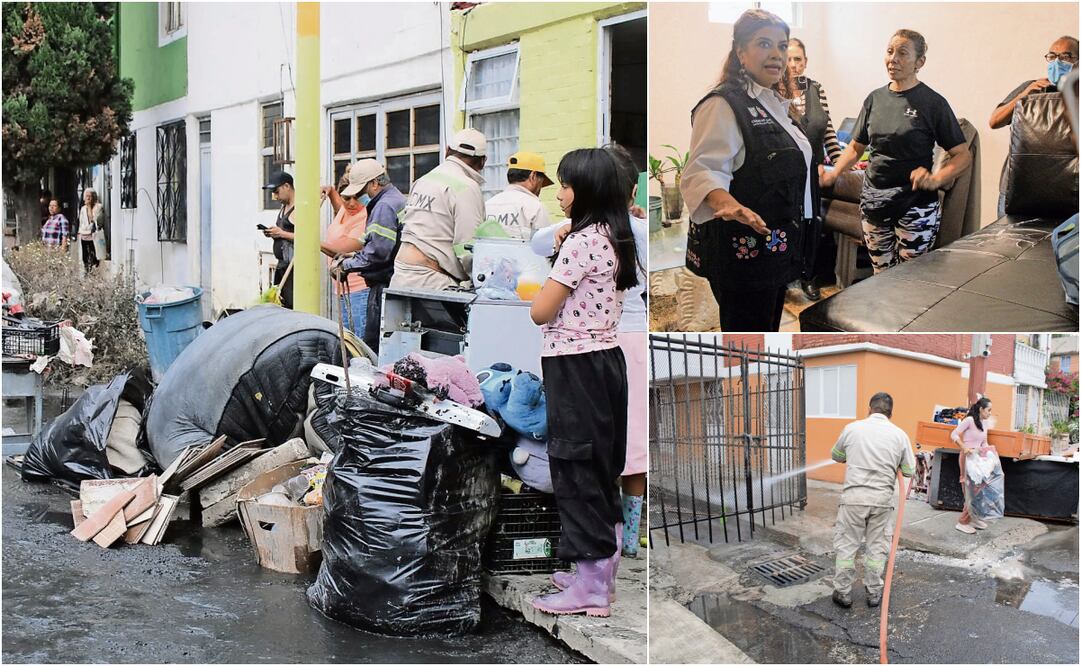 Clara Brugada recorrió la colonia Ejército de Oriente, en Iztapalapa, afectada por la lluvia, en donde cuadrillas de trabajadores hicieron labores de limpieza. 
Fotos: Darío Luna / EL UNIVERSAL