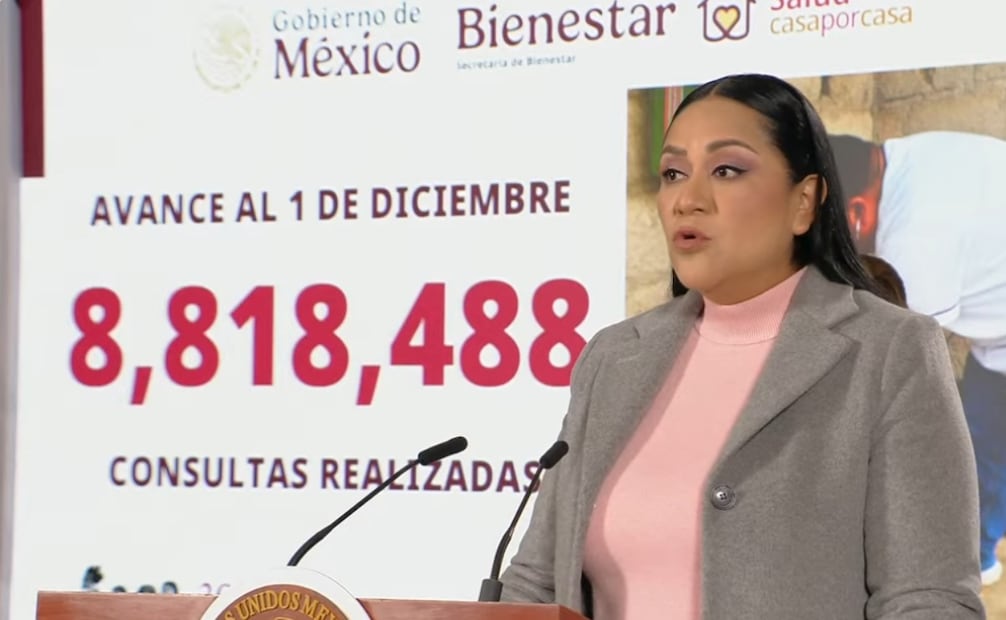 Ariadna Montiel, secretaria del Bienestar, en la mañanera de este 2 de diciembre. Foto: Captura de pantalla