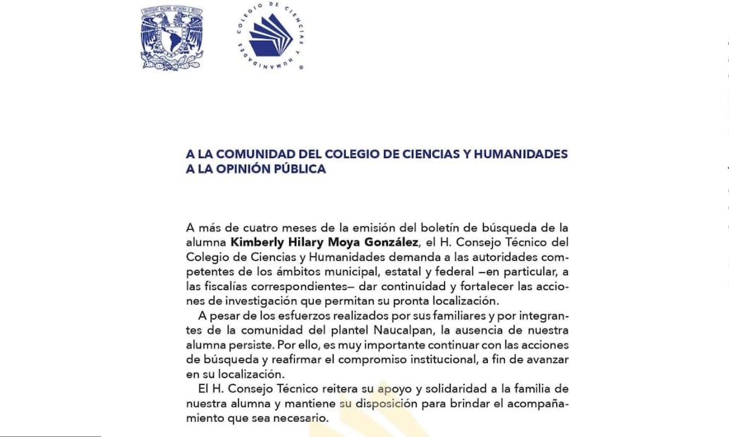 CCH emite comunicado con exigencias a las fiscalías para intensificar búsqueda de Kimberly Moya. Foto: Cortesía.