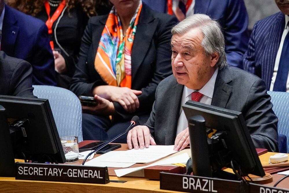 El secretario general de Naciones Unidas (ONU), António Guterres, ante el Consejo de Seguridad, durante una reunión sobre la guerra de Israel con Hamas. FOTO: EFE