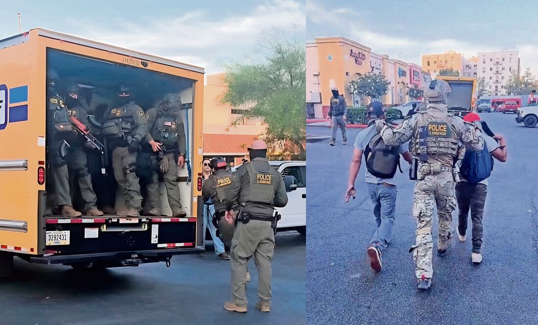 Agentes de la Patrulla Fronteriza de EU se ocultaron ayer en un camión de mudanzas y, tras atraer a migrantes, saltaron del vehículo y detuvieron a unas 16 personas en el estacionamiento de un Home Depot. La acción se produjo pese a que un juez prohibió arrestos indiscriminados. Fotos: Especial